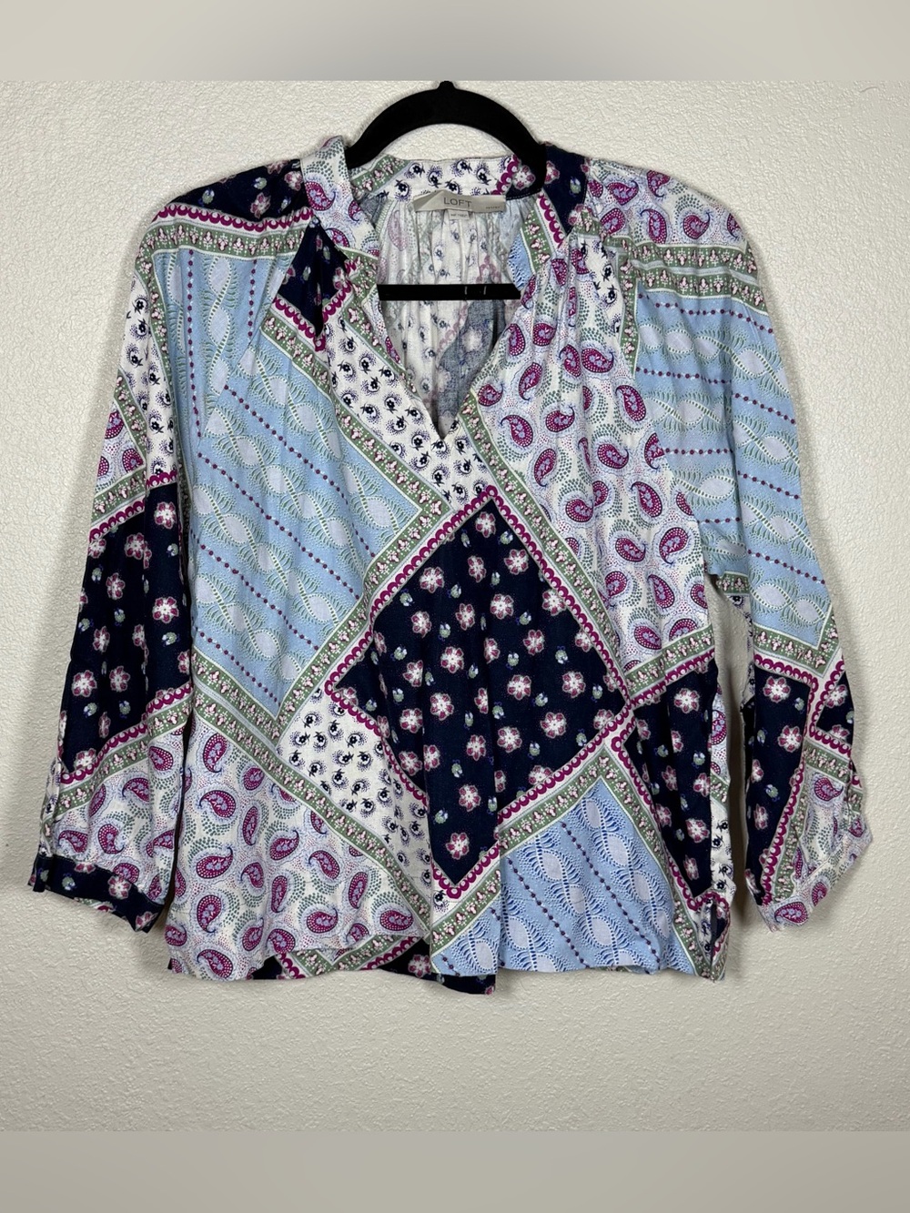 LOFT Petites MP Multicolor Paisley Floral Patchwork V-Neck Linen Blend Blouse
